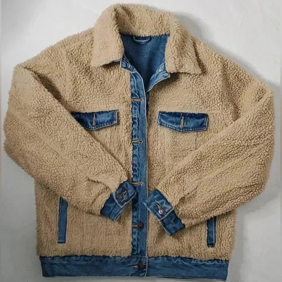 Forever 21 1990s Y2K vintage Small Reversible Denim/Retro Sherpa Jacket Metal - Picture 2 of 7